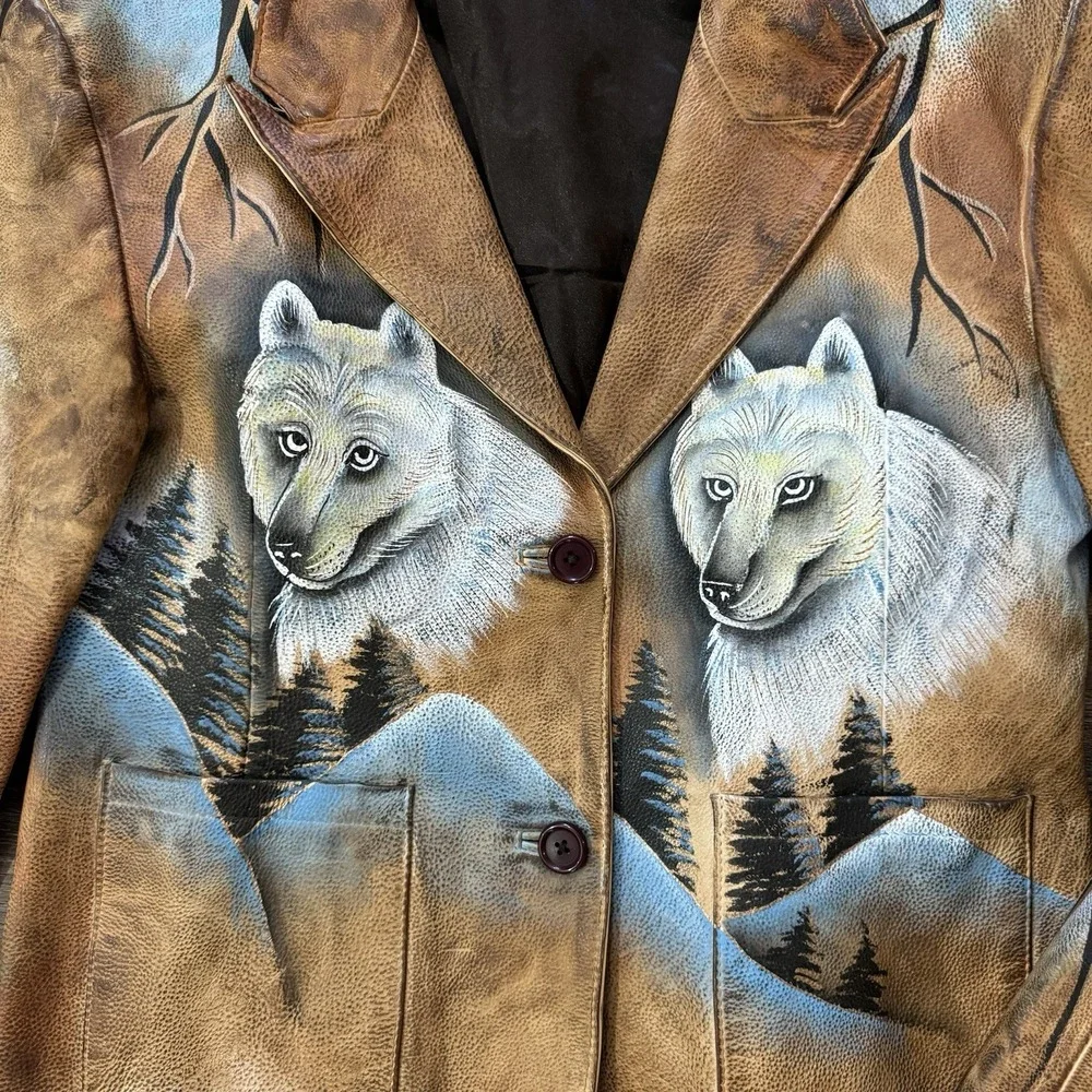 VTG Hand Painted Wolf Alaska Nature Brown Faux Leather Jacket Tagged Size XL - Picture 3 of 9